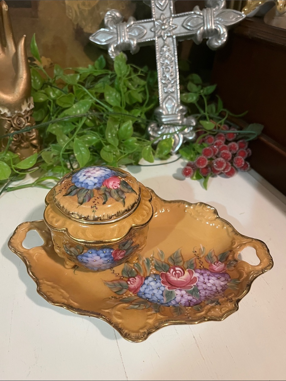 LIDDED DISH & FLORAL VANITY TRAY Stunning Victorian Style - NO CHIPS/CRACKS VTG